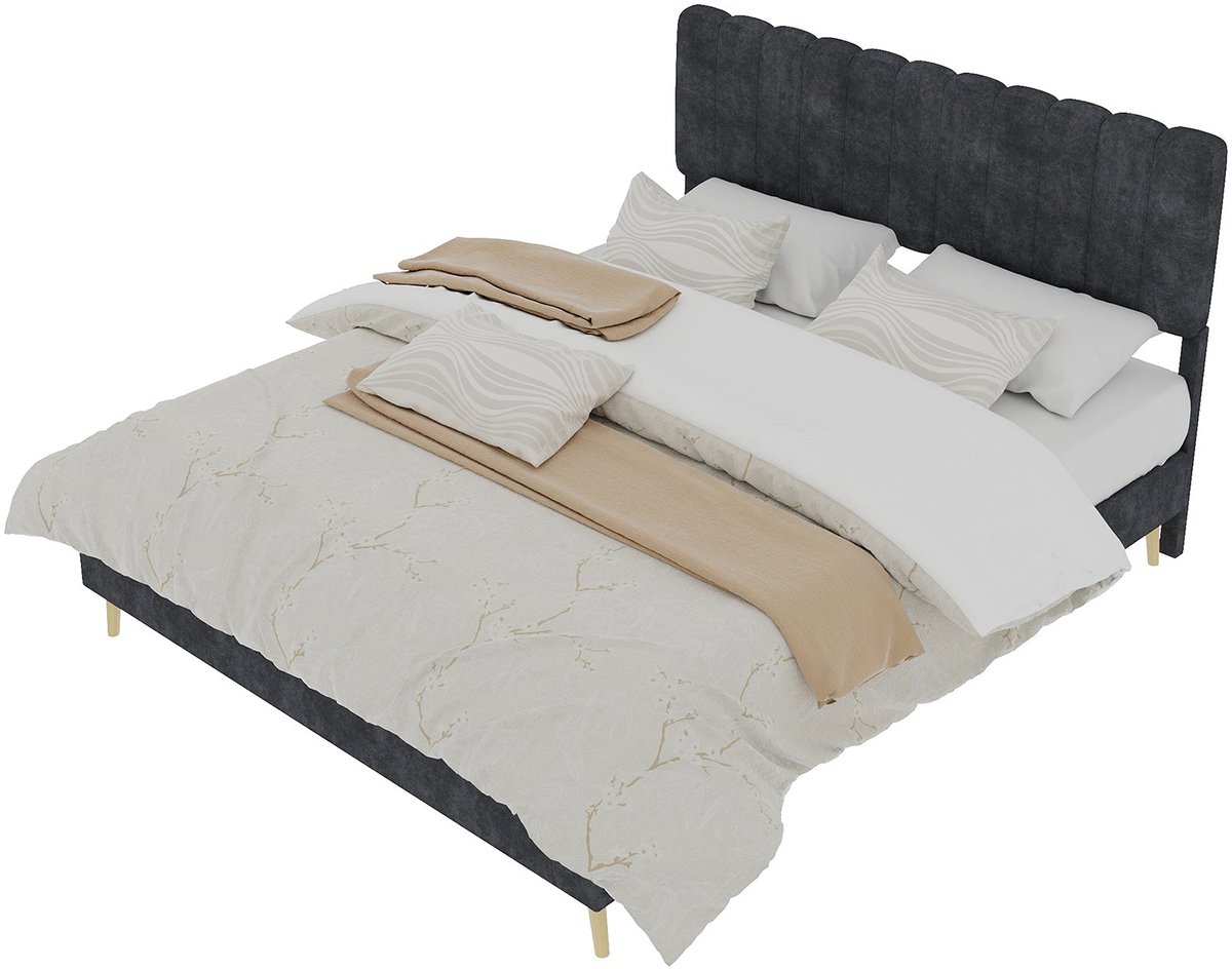 Merax Gestoffeerd Bed 140x200 cm - Zacht Hoofdbord - Houten Lattenbodem - Fluweel - Modern Tweepersoons Bed - Grijs - Zonder Matras