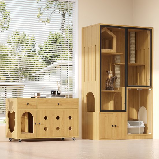 OKWISH Kattenmeubelset Met Kattenvilla En Kattenbak Kast – Glasdeuren – Voor Woonkamer – MDF Esdoorngeel – 90×50×160 En 100×45×66