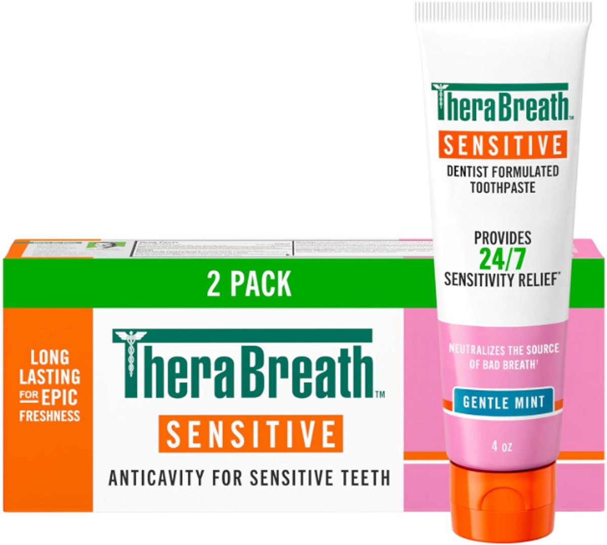 TheraBreath Sensitive Tandpasta 2-Pack – 24/7 – Gentle Mint – Bescherming tegen Gevoelige Tanden – Met Fluoride tegen Gaatjes