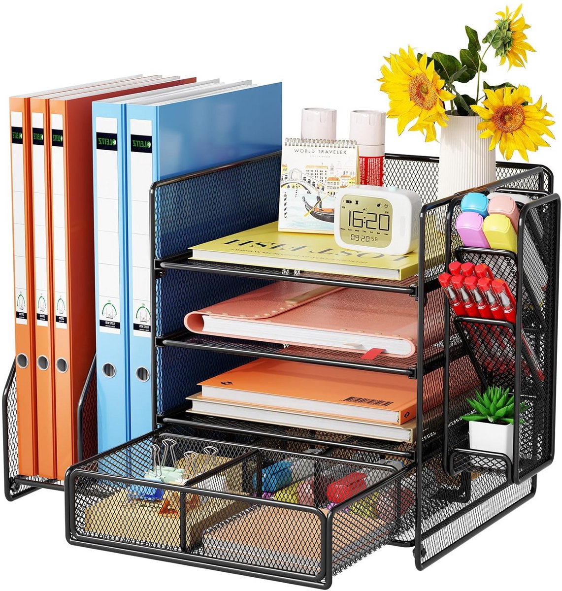Bureau-organizer met archiefhouder en pennenhouders - 5-laags papierorganizer voor een opgeruimd bureau