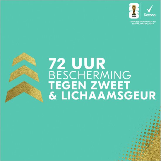 Rexona 72 uur bescherming tegen zweet en lichaamsgeur met gouden pijlen op turquoise achtergrond.