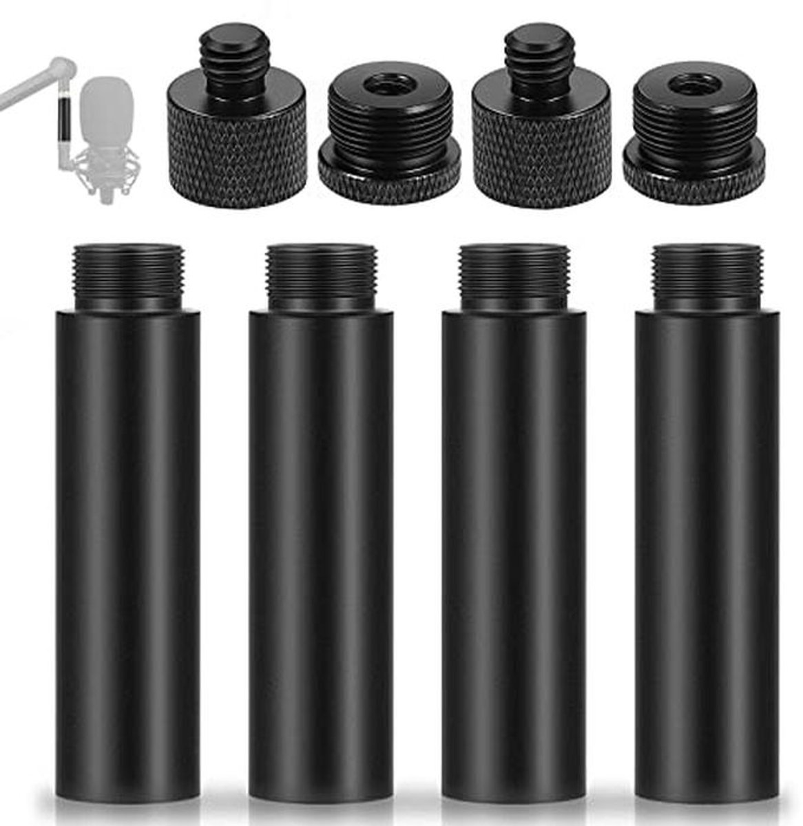 Microfoon Verlenging Buizen en Schroef Adapters voor Microfoonstandaard – Set van 4 Stuks