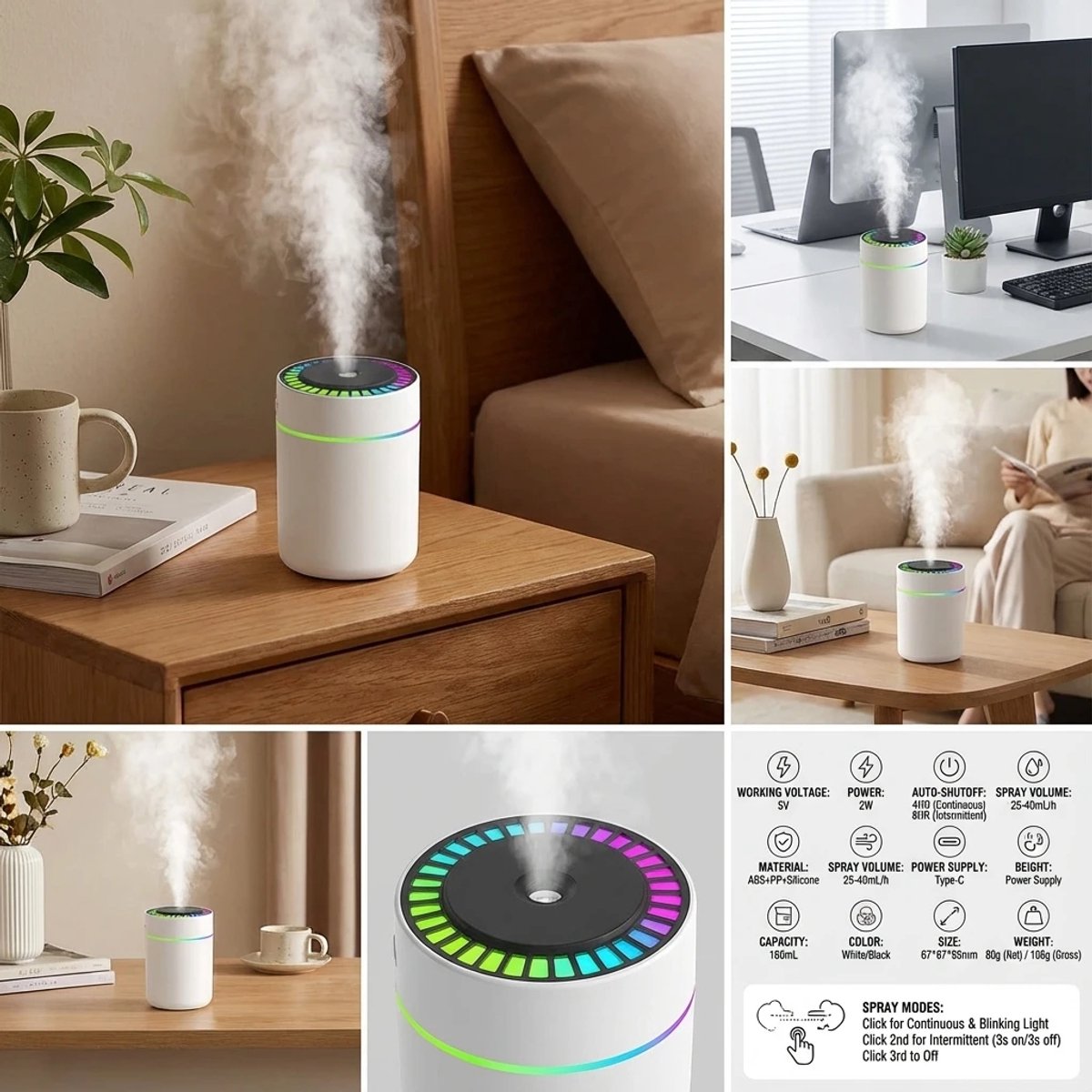 180ML Mini Luchtbevochtiger & Aroma Diffuser - USB-C Geurverspreider met LED Verlichting - Voor Auto, Thuis & Slaapkamer - Zwart — cadeau in Gadgets - foto 2