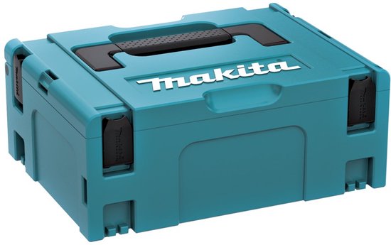 Turquoise Makita opbergkoffer met wit logo en zwart handvat.