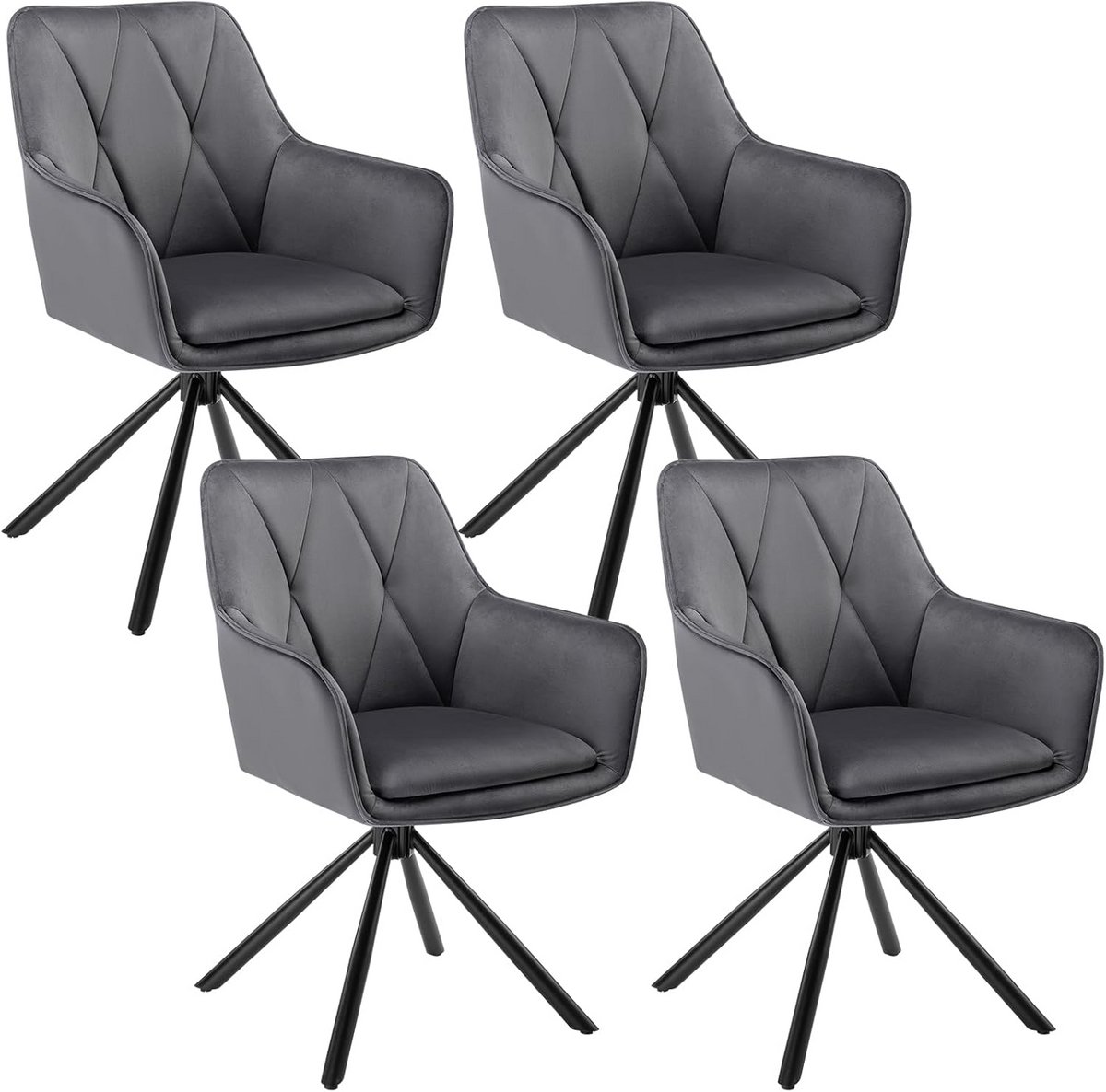 Draaibare Eetkamerstoelen Set van 4 - Fluwelen Keukenstoelen met Rugleuning in Donkergrijs
