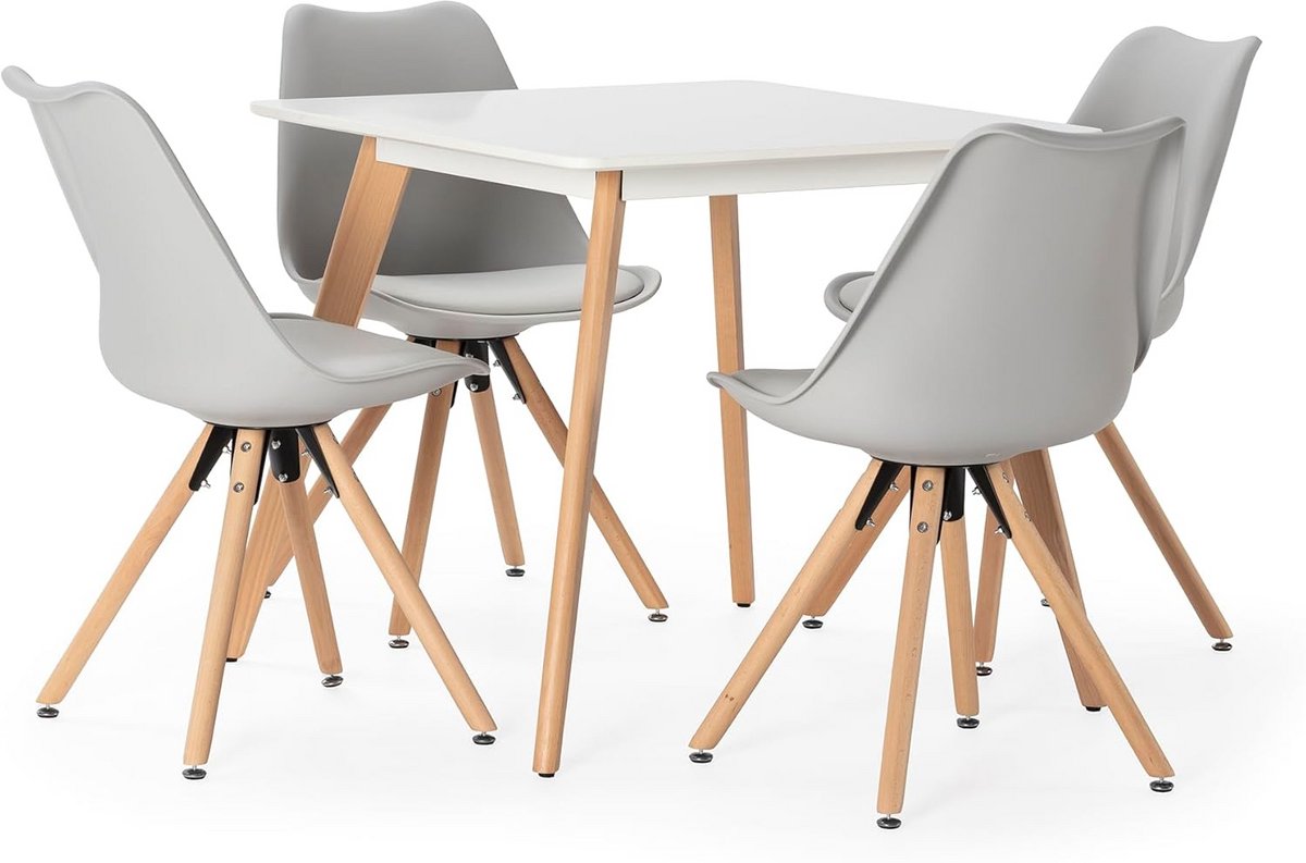 Vierkante Eettafelset met 4 Scandinave Stoelen 80x80 cm