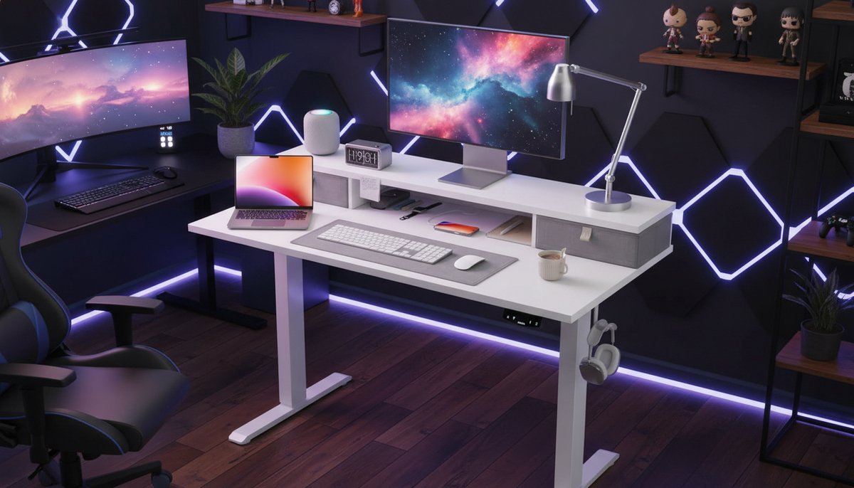 Electric Desk Casa Velluto FlexiPro 100x60 cm – Hoogteverstelbaar Zit-Sta Bureau met 2 Laden, Robuust Industrieel Frame, Anti-Botsing, Ergonomisch Computerbureau, Wit – Elektrisch Bureau voor Thuis en Kantoor