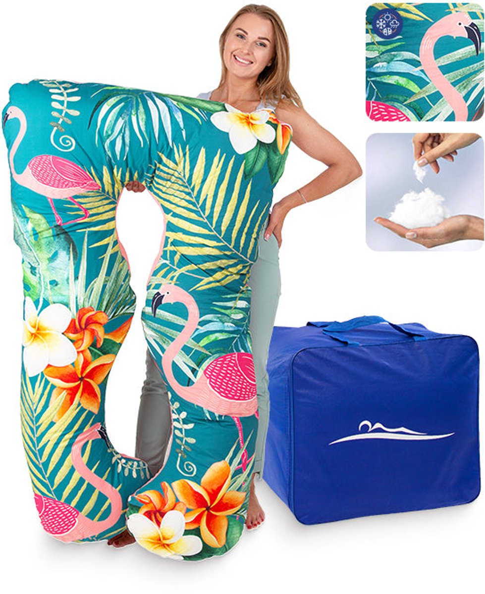 KomfortKissen™ Premium Zwangerschapskussen XXL – Lichaamskussen 150 cm – Zijslaapkussen – Body Pillow – Voedingskussen – Ergonomisch Kussen – Afneembare Hoes – Wasbaar – Borstvoedingskussen – Flamingo