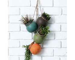 MyGift Dangling Multicolor Ceramic 4 Pot Set, Wall or Ceiling Mount Hanging Mini Flower Planters
