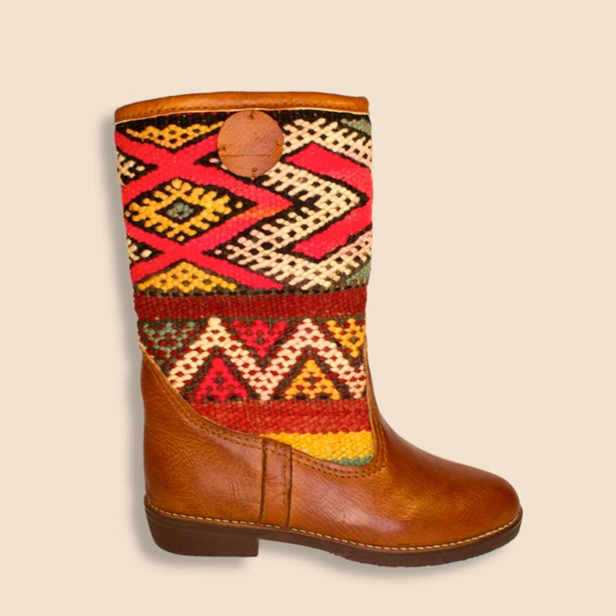 Kelim Boots | Cognacbruin Leer | Marokkaanse Kelim | Maat 37 | Marisol | Bravas Boutique