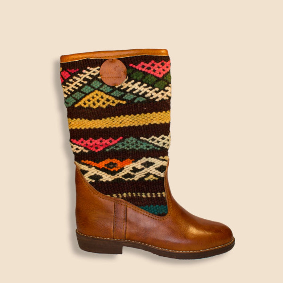 Kelim Boots | Cognacbruin Leer | Vintage Kelim | Maat 38 | Sofia | Bravas Boutique