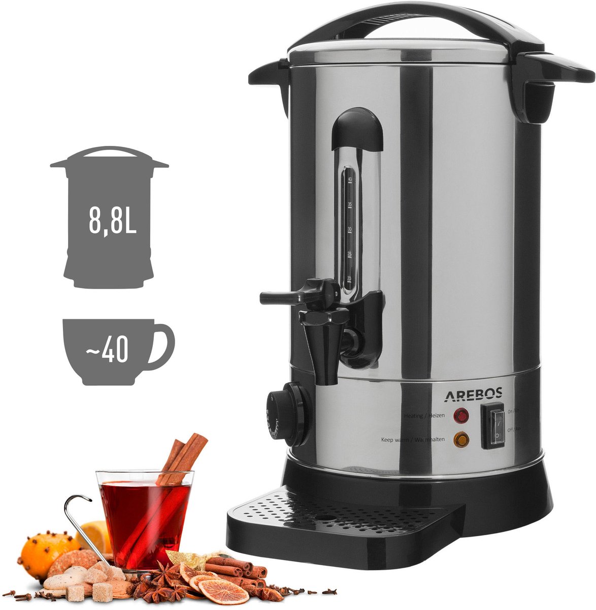 AREBOS Glühwein ketel 8,8 L RVS Inox 950W Warmhoudketel Thee Koffie BPA Free XL