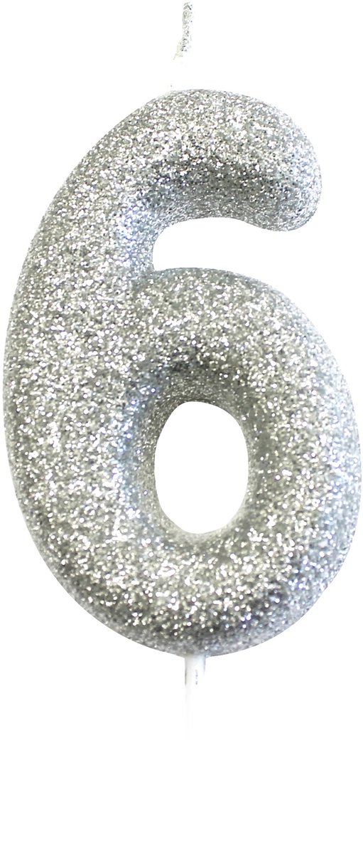 ANNIVERSARY HOUSE - Kaars op prikker cijfer 6 zilver glitter 7 cm voor verjaardagstaart