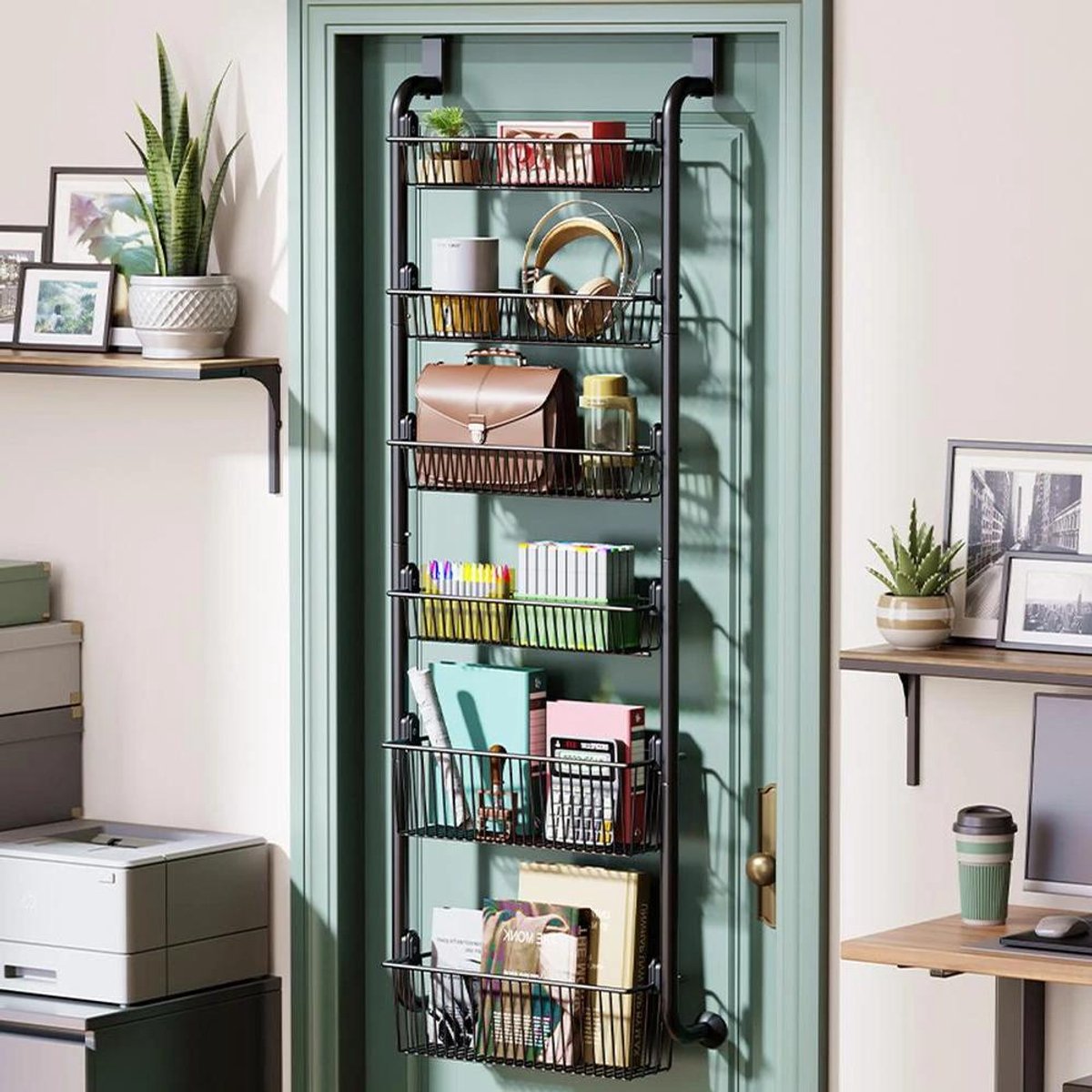 Virtubuy - Hangende Wandmontage Organizer - Metalen - Verstelbare Mand - 6-laags - Boven de Deur - Pantry - Opbergplank - Slaapkamer - Keuken - Zwart Model