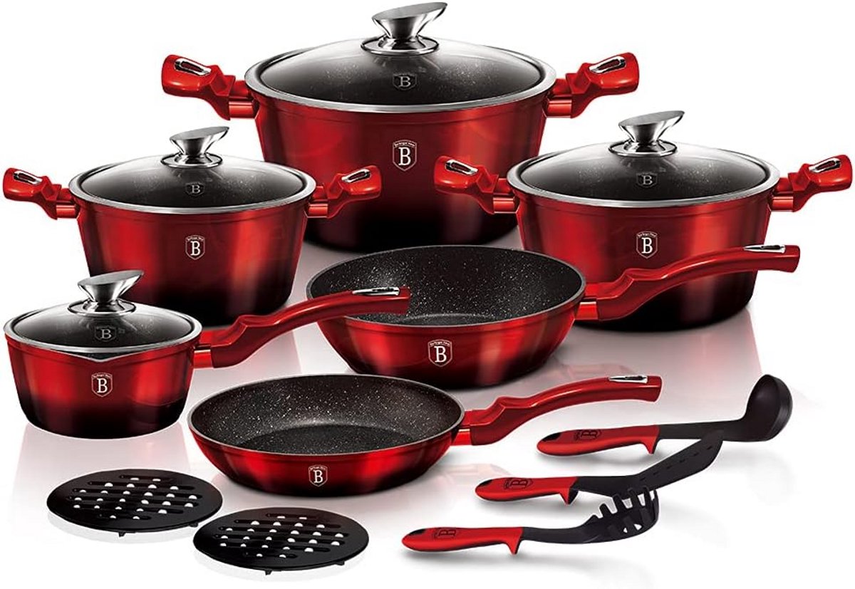 15-Delige Pannenset Met Graniet Coating - Kookgerei Set Bordeauxrood