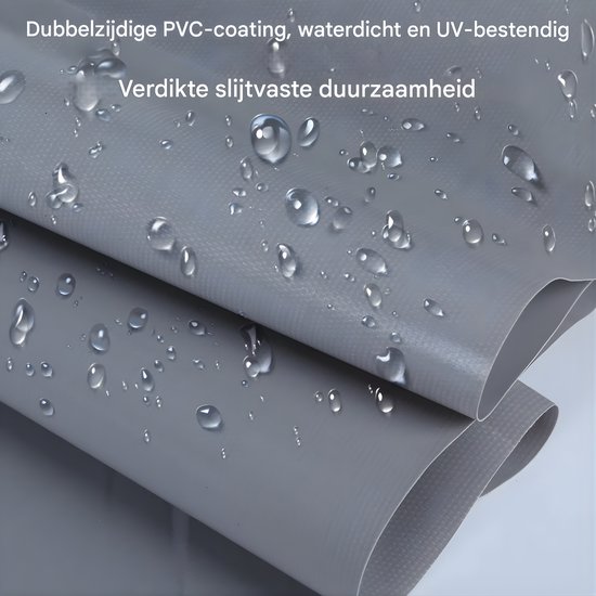 Close-up van dubbelzijdig PVC-coating, waterdicht en UV-bestendig, verdikt slijtvast materiaal met waterdruppels.
