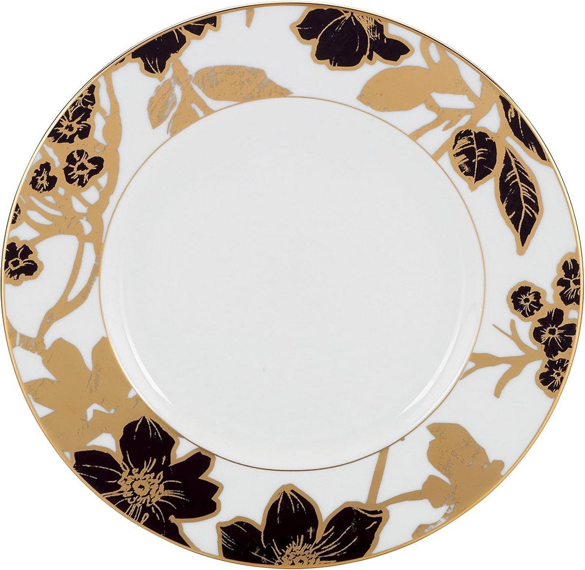 Dinerbord met Goud en Zwart Bloemmotief op Wit Porselein
