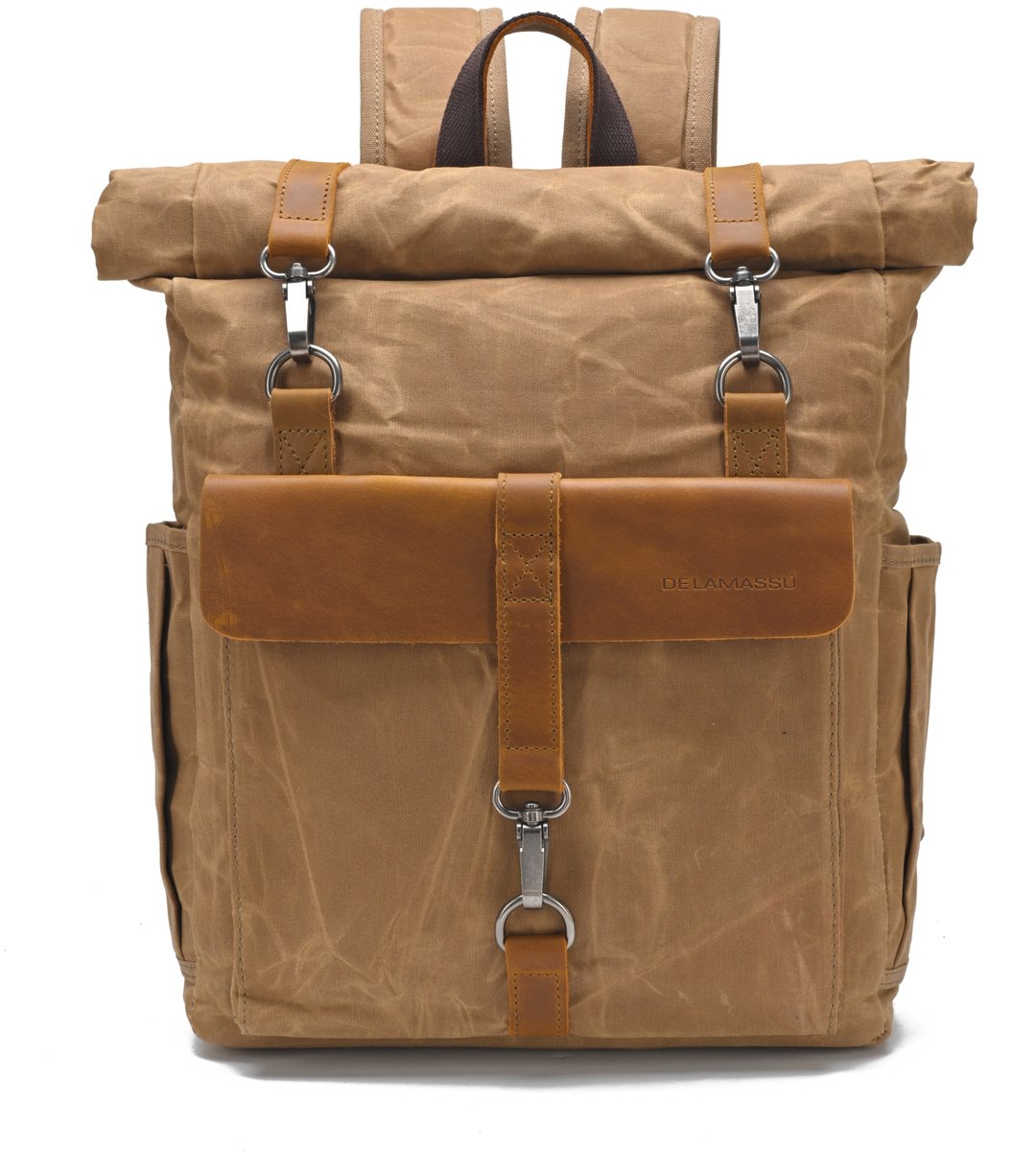 DE LAMASSU® Vintage Canvas Rugzak 15 Inch Laptop – Rolltop Backpack – Waterafstotend – Canvas & Echt Leer – 32x12x45-58 cm – Unisex