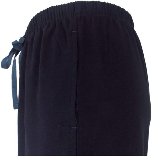 Achterkant van donkerblauwe pyjamabroek met elastische taille en strik.
