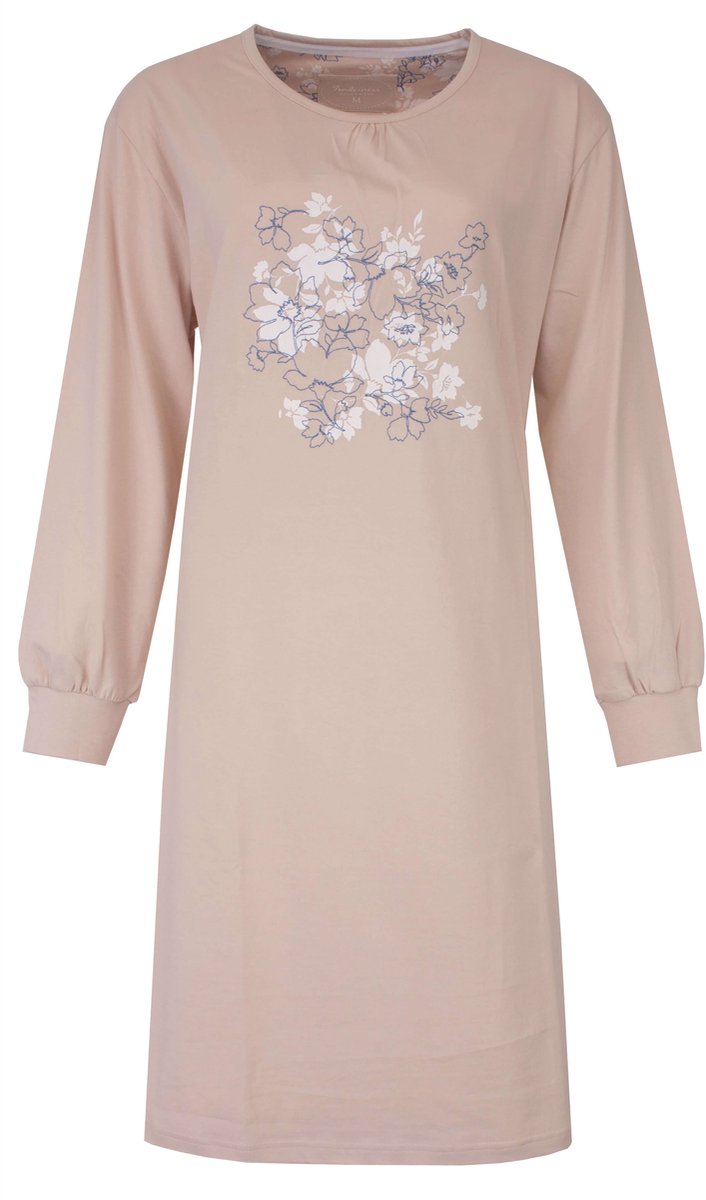 Tenderness Dames Nachthemd - Katoen - Bloemen Print - Lange Mouwen - Beige