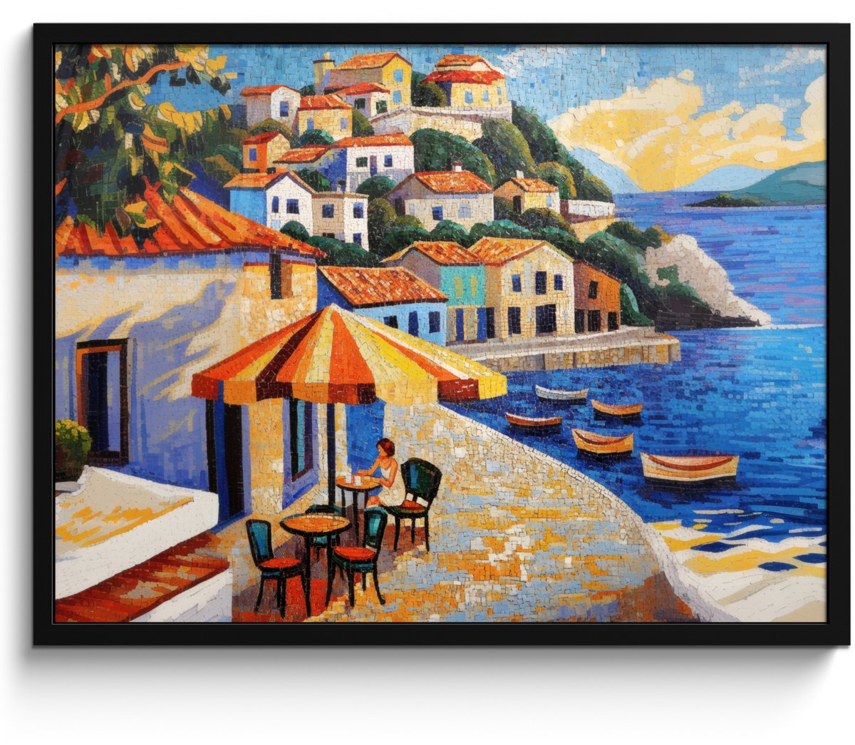 FrameYourWall Poster in lijst - Fotolijst 70x50 cm - Posters - Kustdorp - Huisjes - Mozaïek - Zee - Posterlijst zwart - Decoratie - Wanddecoratie woonkamer - Muurdecoratie slaapkamer Zee - Dorp - Mozaïek