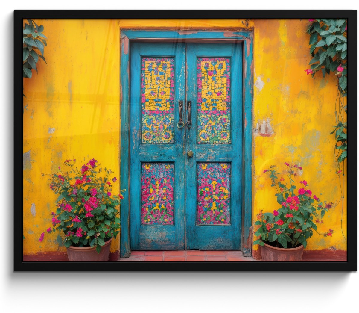 FrameYourWall Poster in lijst - Fotolijst 70x50 cm - Posters - Deuren - Kleurrijk - Planten - Posterlijst zwart - Decoratie - Wanddecoratie woonkamer - Muurdecoratie slaapkamer Deur - Bloemen