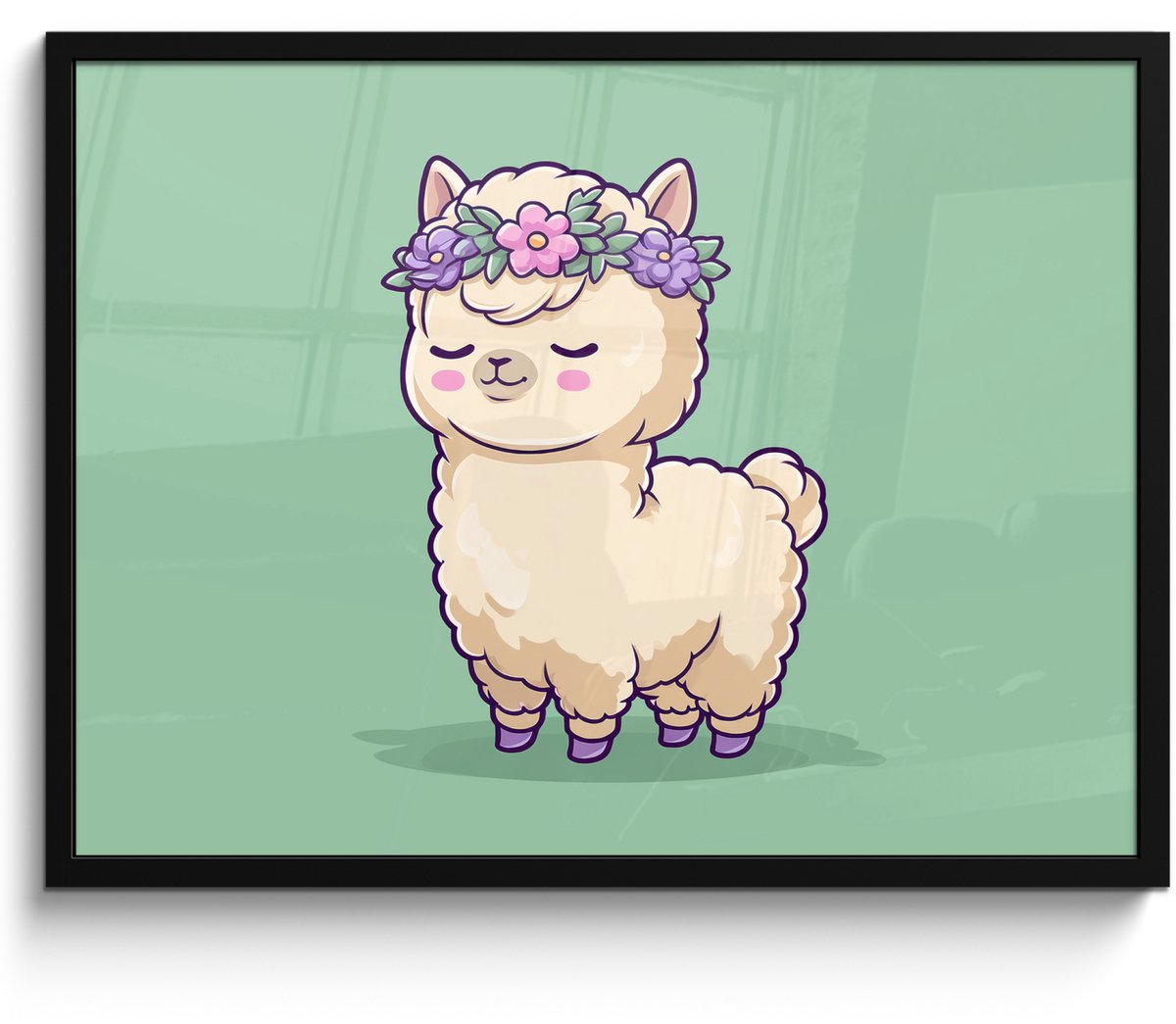 FrameYourWall Poster in lijst - Fotolijst 70x50 cm - Posters - Alpaca - Groen - Bloemendiadeem - Posterlijst zwart - Decoratie - Wanddecoratie woonkamer - Muurdecoratie slaapkamer