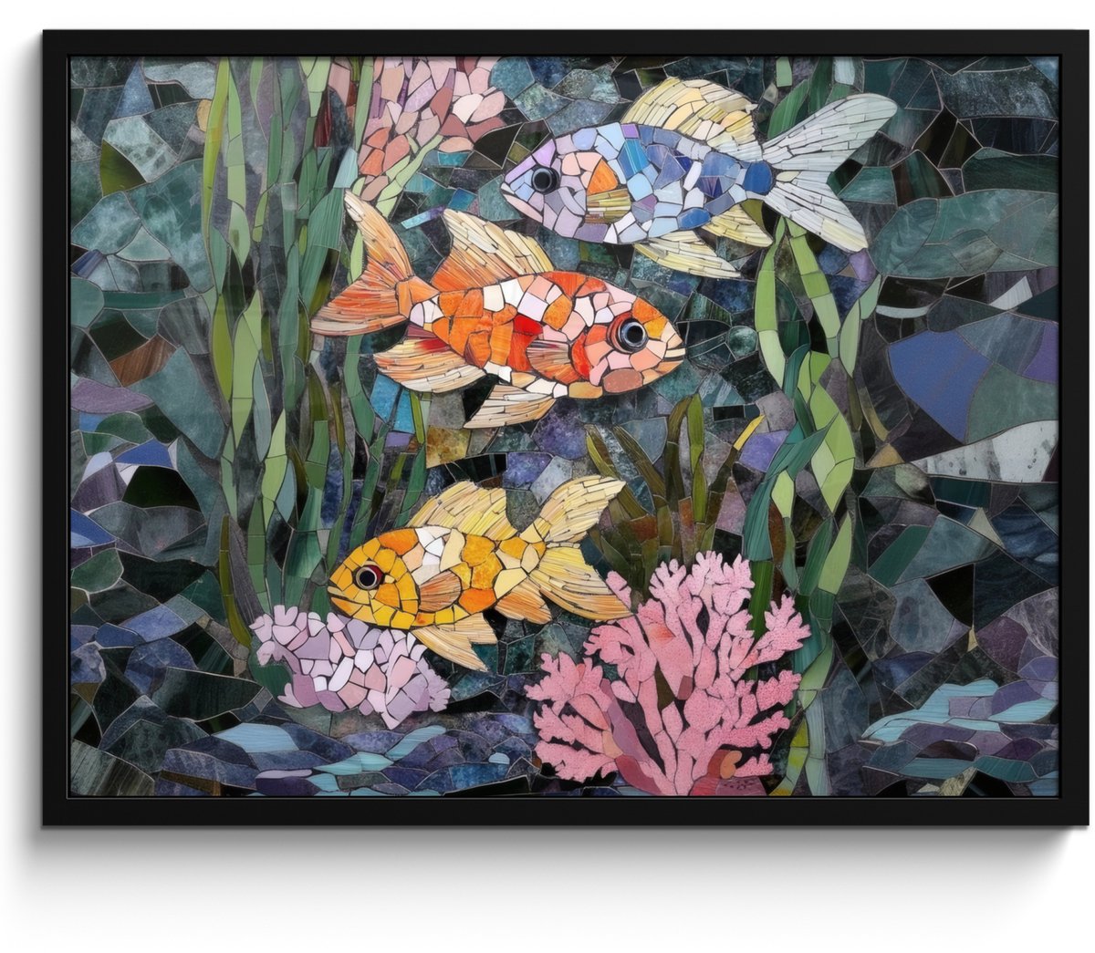 FrameYourWall Poster in lijst - Fotolijst 70x50 cm - Posters - Vissen - Koraal - Zee - Mozaïek - Posterlijst zwart - Decoratie - Wanddecoratie woonkamer - Muurdecoratie slaapkamer Vissen - Koraal - Mozaïek