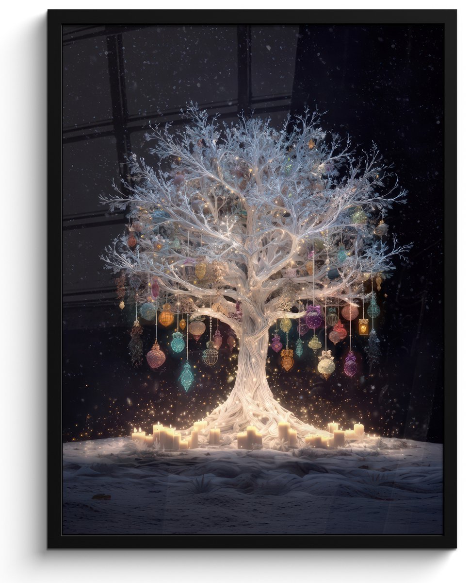 FrameYourWall Poster in lijst - Fotolijst 50x70 cm - Posters - Sneeuwboom - Lichtjes - Wit - Kleurrijk - Posterlijst zwart - Decoratie - Wanddecoratie woonkamer - Muurdecoratie slaapkamer - Kerstversiering - Kerstdecoratie voor binnen - Kerstmis
