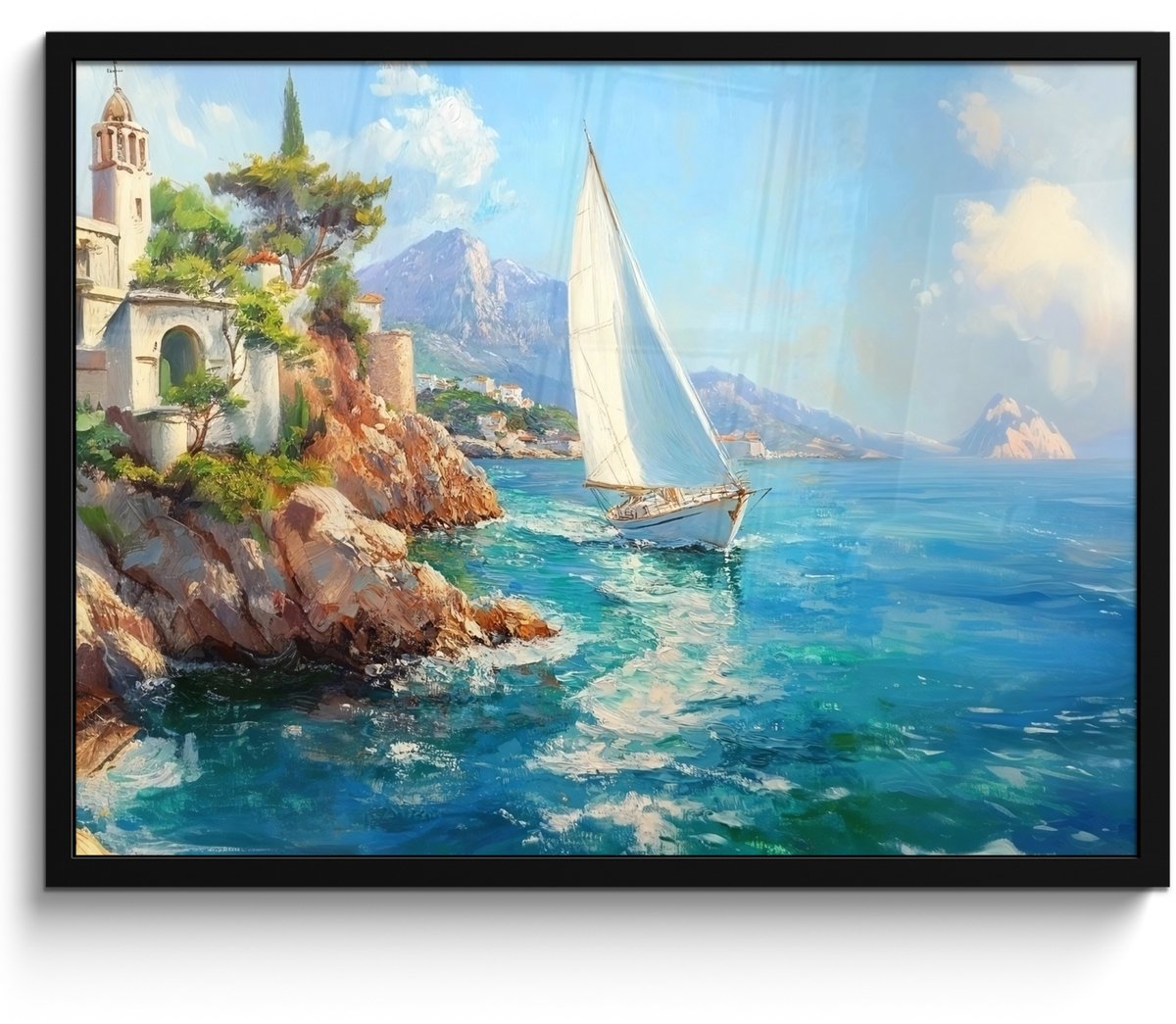 FrameYourWall Poster in lijst - Fotolijst 70x50 cm - Posters - Zeilboot - Rotsen - Kust - Huizen - Posterlijst zwart - Decoratie - Wanddecoratie woonkamer - Muurdecoratie slaapkamer Zeilboot - Huizen - Rotsen