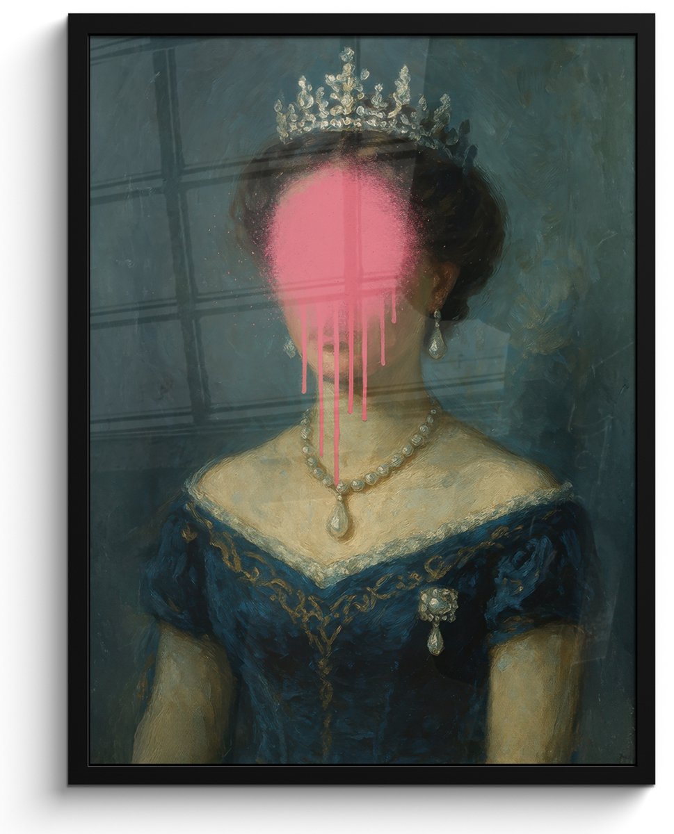 FrameYourWall Poster in lijst - Fotolijst 50x70 cm - Posters - Kroon - Roze druipend verf - Portret - Posterlijst zwart - Decoratie - Wanddecoratie woonkamer - Muurdecoratie slaapkamer Vrouw - Kroon - Verf
