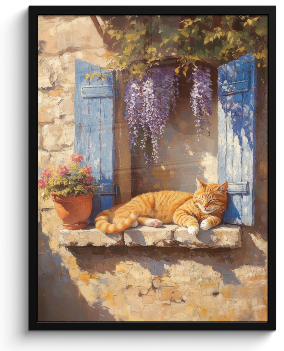 FrameYourWall Poster in lijst - Fotolijst 50x70 cm - Posters - Kat - Stenen vensterbank - Bloemen - Posterlijst zwart - Decoratie - Wanddecoratie woonkamer - Muurdecoratie slaapkamer Kat - Vensterbank - Bloemen