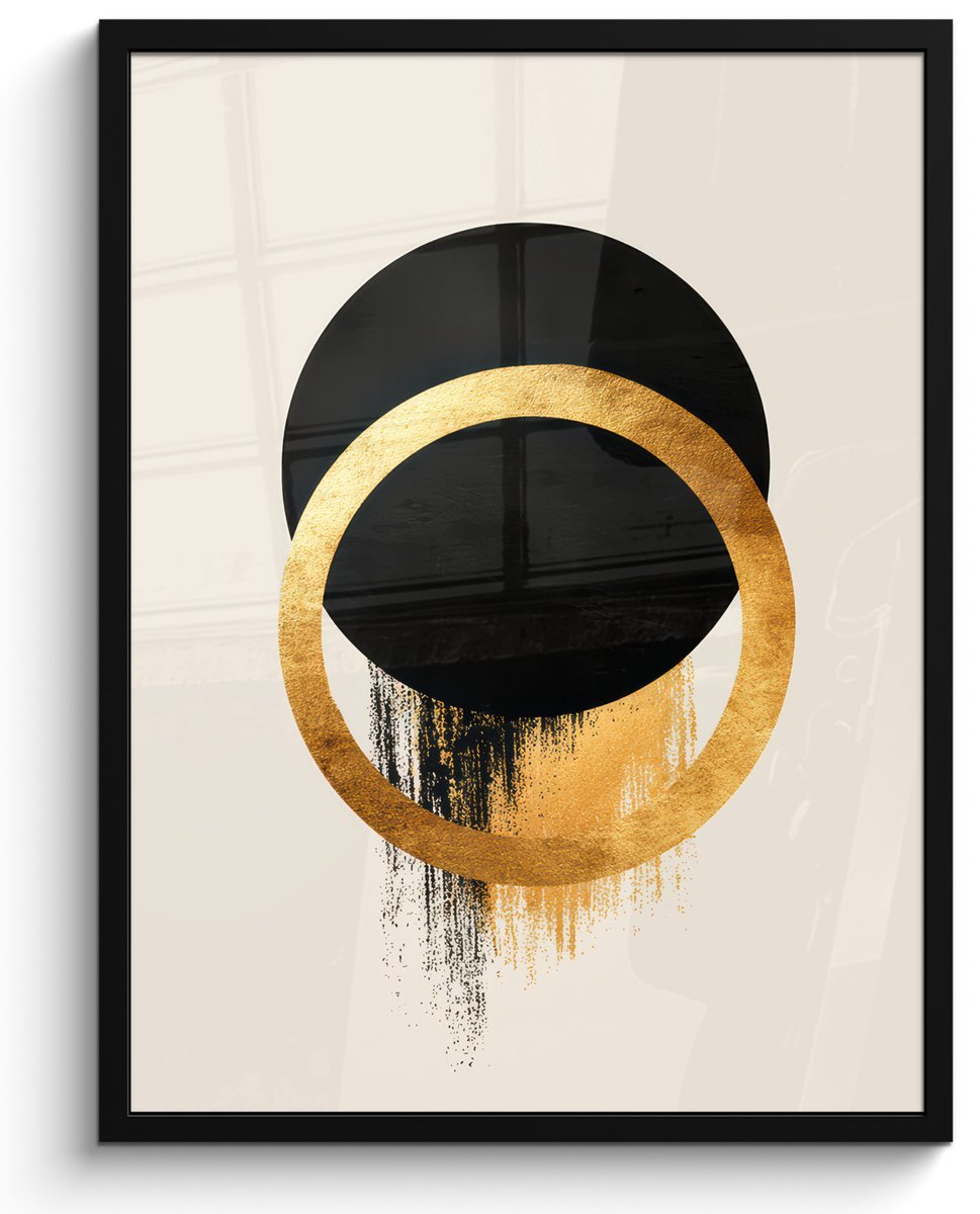 FrameYourWall Poster in lijst - Fotolijst 50x70 cm - Posters - Abstract ontwerp - Zwarte cirkel - Verfvlekken - Posterlijst zwart - Decoratie - Wanddecoratie woonkamer - Muurdecoratie slaapkamer Cirkels - Verfvlekken