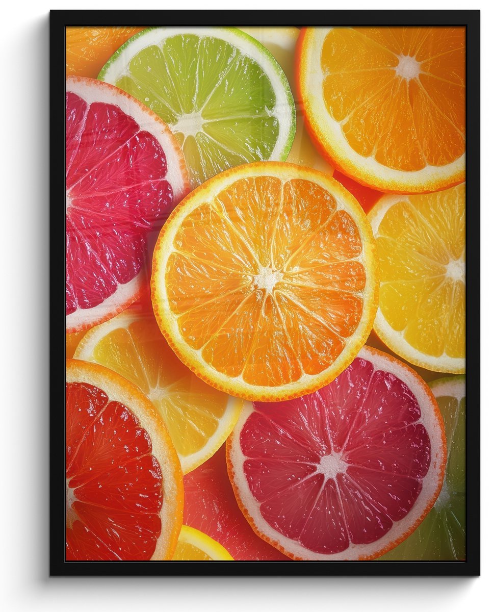 FrameYourWall Poster in lijst - Fotolijst 50x70 cm - Posters - Fruit - Kleurrijk - Close up - Posterlijst zwart - Decoratie - Wanddecoratie woonkamer - Muurdecoratie slaapkamer Citrusvruchten - Kleurrijk