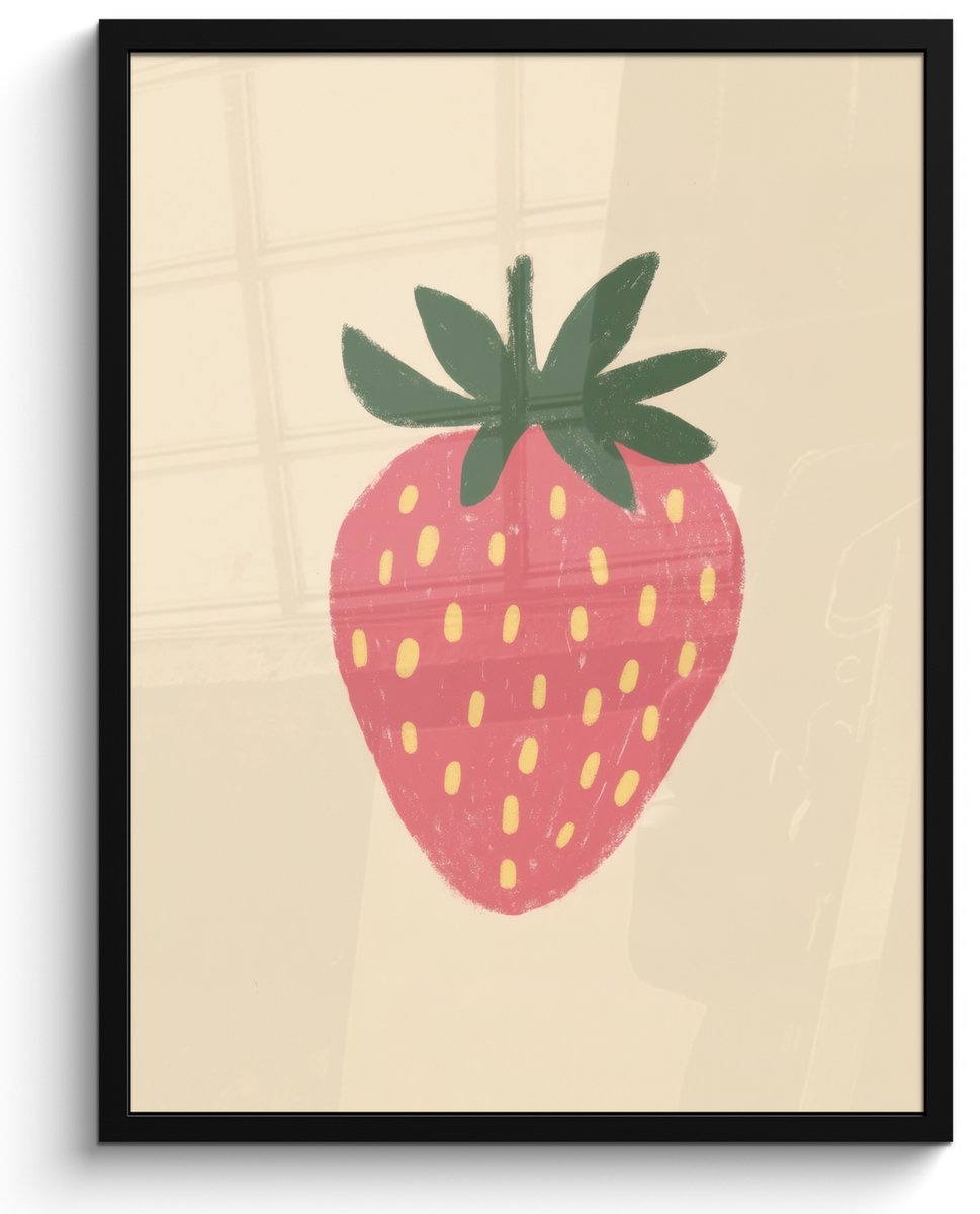 FrameYourWall Poster in lijst - Fotolijst 50x70 cm - Posters - Aardbei - Minimalistisch - Rood - Fruit - Posterlijst zwart - Decoratie - Wanddecoratie woonkamer - Muurdecoratie slaapkamer
