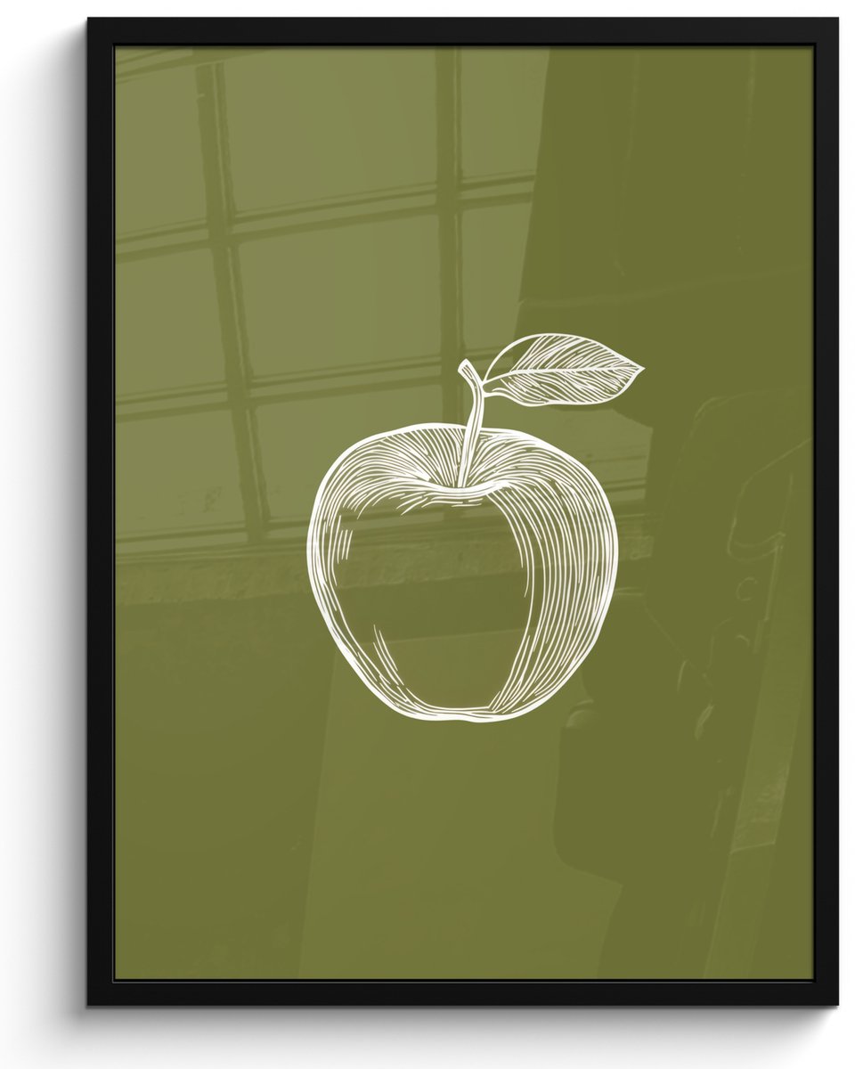 FrameYourWall Poster in lijst - Fotolijst 50x70 cm - Posters - Lijntekening - Appel - Olijfgroen - Blaadje - Posterlijst zwart - Decoratie - Wanddecoratie woonkamer - Muurdecoratie slaapkamer