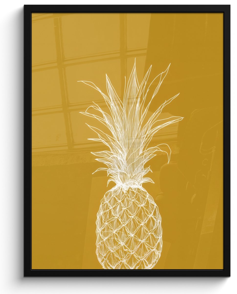 FrameYourWall Poster in lijst - Fotolijst 50x70 cm - Posters - Lijnillustratie - Ananas - Bladkroon - Okergeel - Posterlijst zwart - Decoratie - Wanddecoratie woonkamer - Muurdecoratie slaapkamer
