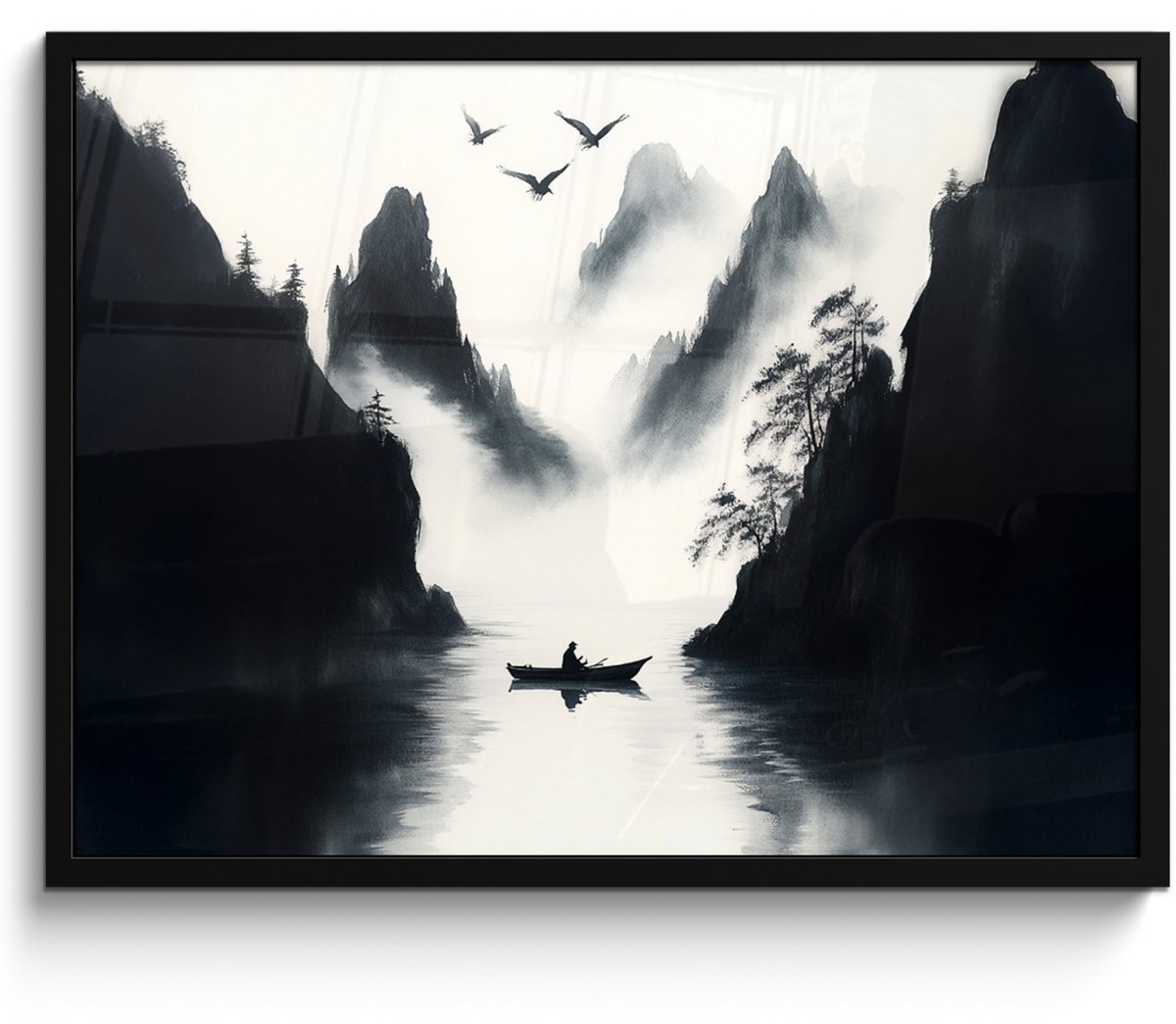 FrameYourWall Poster in lijst - Fotolijst 70x50 cm - Posters - Roeiboot - Mistig - Bergen - Vogels - Posterlijst zwart - Decoratie - Wanddecoratie woonkamer - Muurdecoratie slaapkamer Roeibooit - Bergen