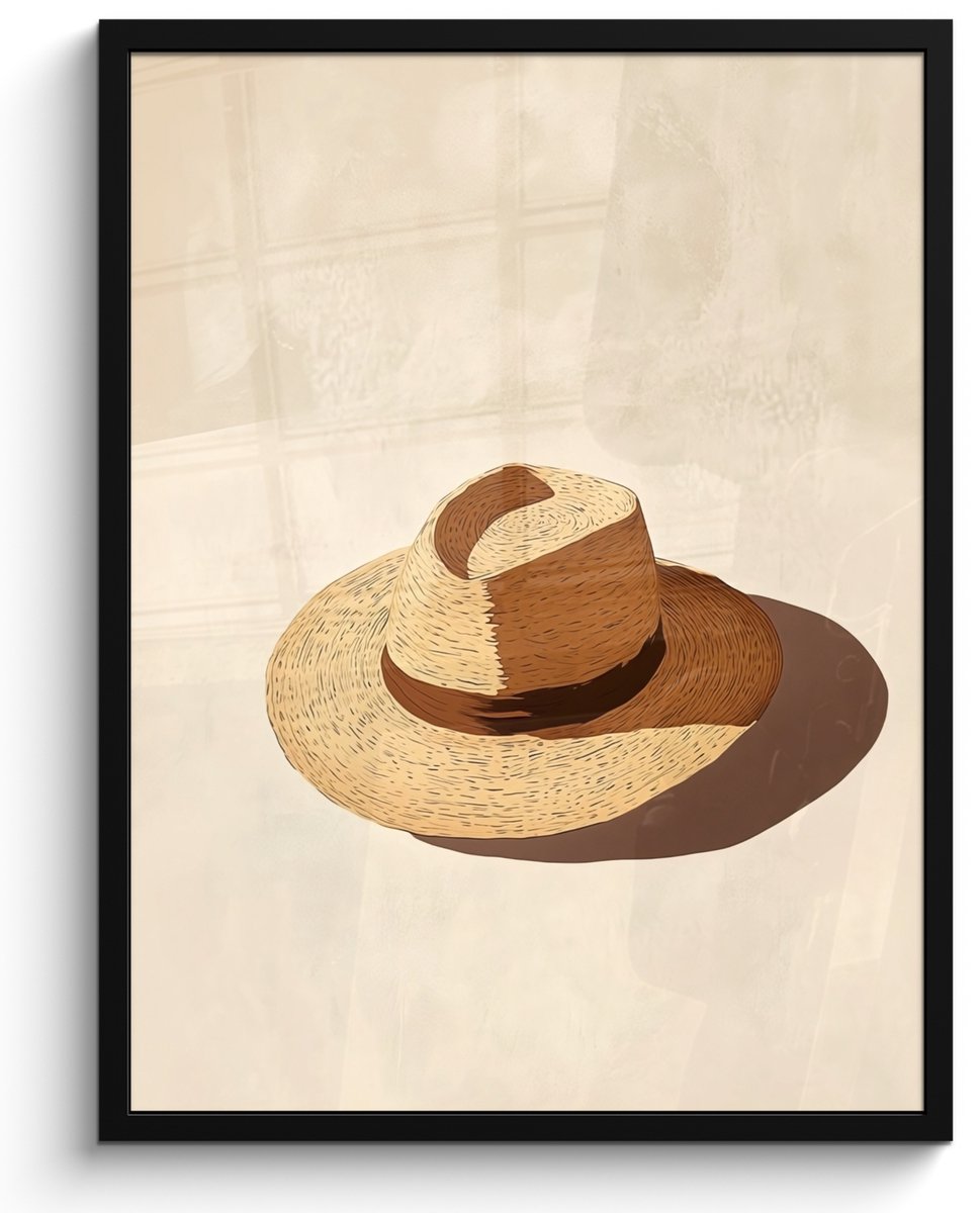 FrameYourWall Poster in lijst - Fotolijst 50x70 cm - Posters - Hoed - Minimalistisch - Schaduw - Beige - Posterlijst zwart - Decoratie - Wanddecoratie woonkamer - Muurdecoratie slaapkamer