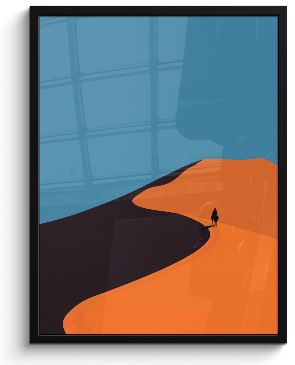 FrameYourWall Poster in lijst - Fotolijst 50x70 cm - Posters - Feloranje duinen - Schaduw - Lege hemel - Posterlijst zwart - Decoratie - Wanddecoratie woonkamer - Muurdecoratie slaapkamer Duinen - Paard