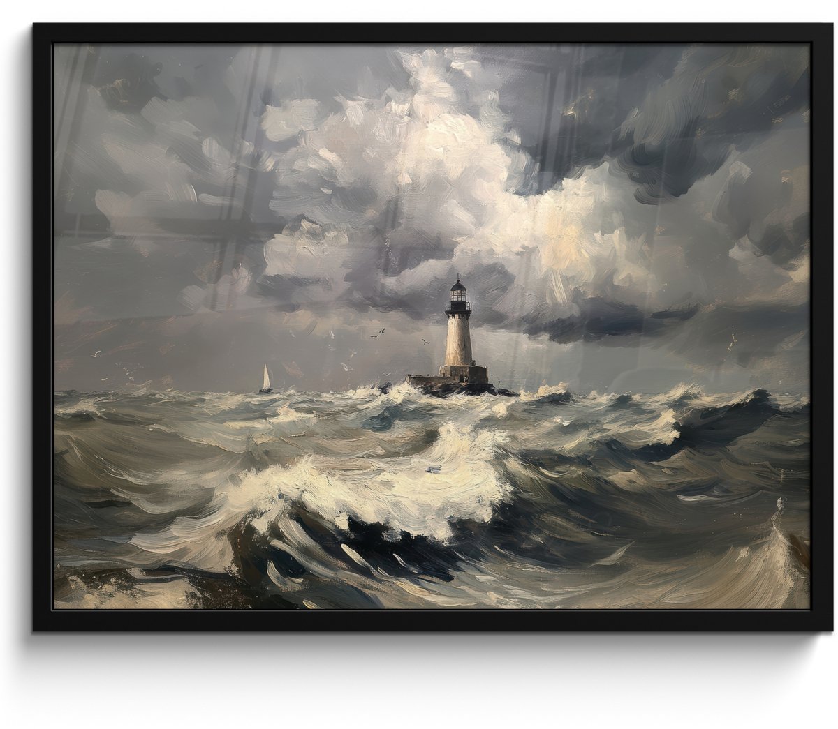 FrameYourWall Poster in lijst - Fotolijst 70x50 cm - Posters - Vuurtoren - Golven - Storm - Posterlijst zwart - Decoratie - Wanddecoratie woonkamer - Muurdecoratie slaapkamer