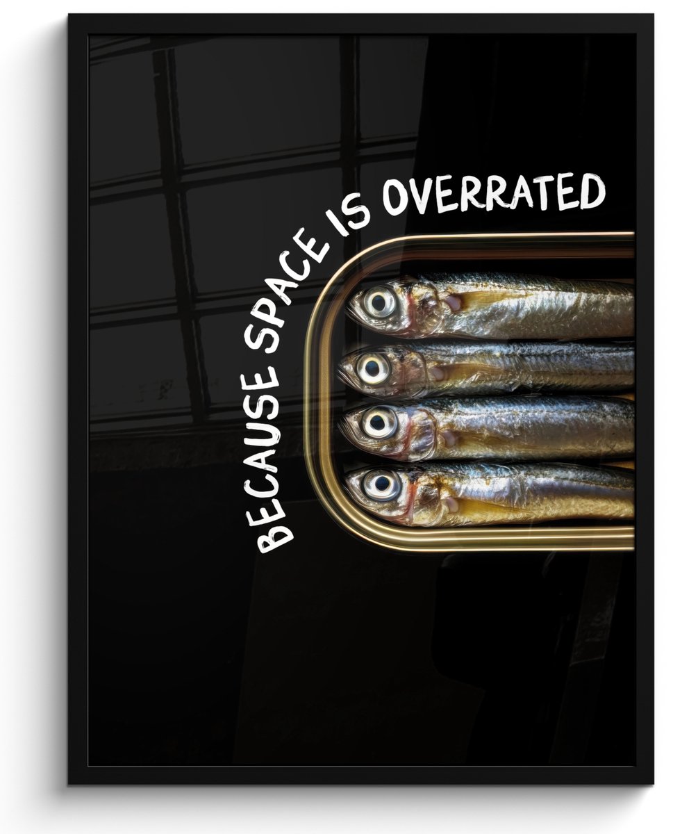 FrameYourWall Poster in lijst - Fotolijst 50x70 cm - Posters - Sardines - Tekst - Vis - Blik - Posterlijst zwart - Decoratie - Wanddecoratie woonkamer - Muurdecoratie slaapkamer Krab - Tekst