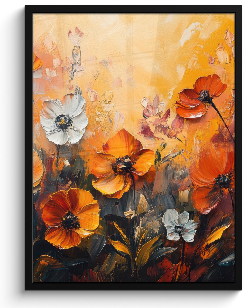 FrameYourWall Poster in lijst - Fotolijst 50x70 cm - Posters - Bloemen - Abstract - Herfst kleuren - Modern - Natuur - Posterlijst zwart - Decoratie - Wanddecoratie woonkamer - Muurdecoratie slaapkamer Oranje