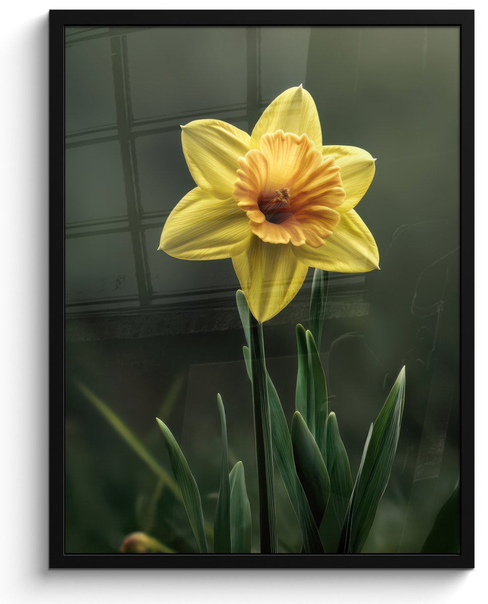 FrameYourWall Poster in lijst - Fotolijst 50x70 cm - Posters - Bloem - Narcis - Gras - Geel - Posterlijst zwart - Decoratie - Wanddecoratie woonkamer - Muurdecoratie slaapkamer