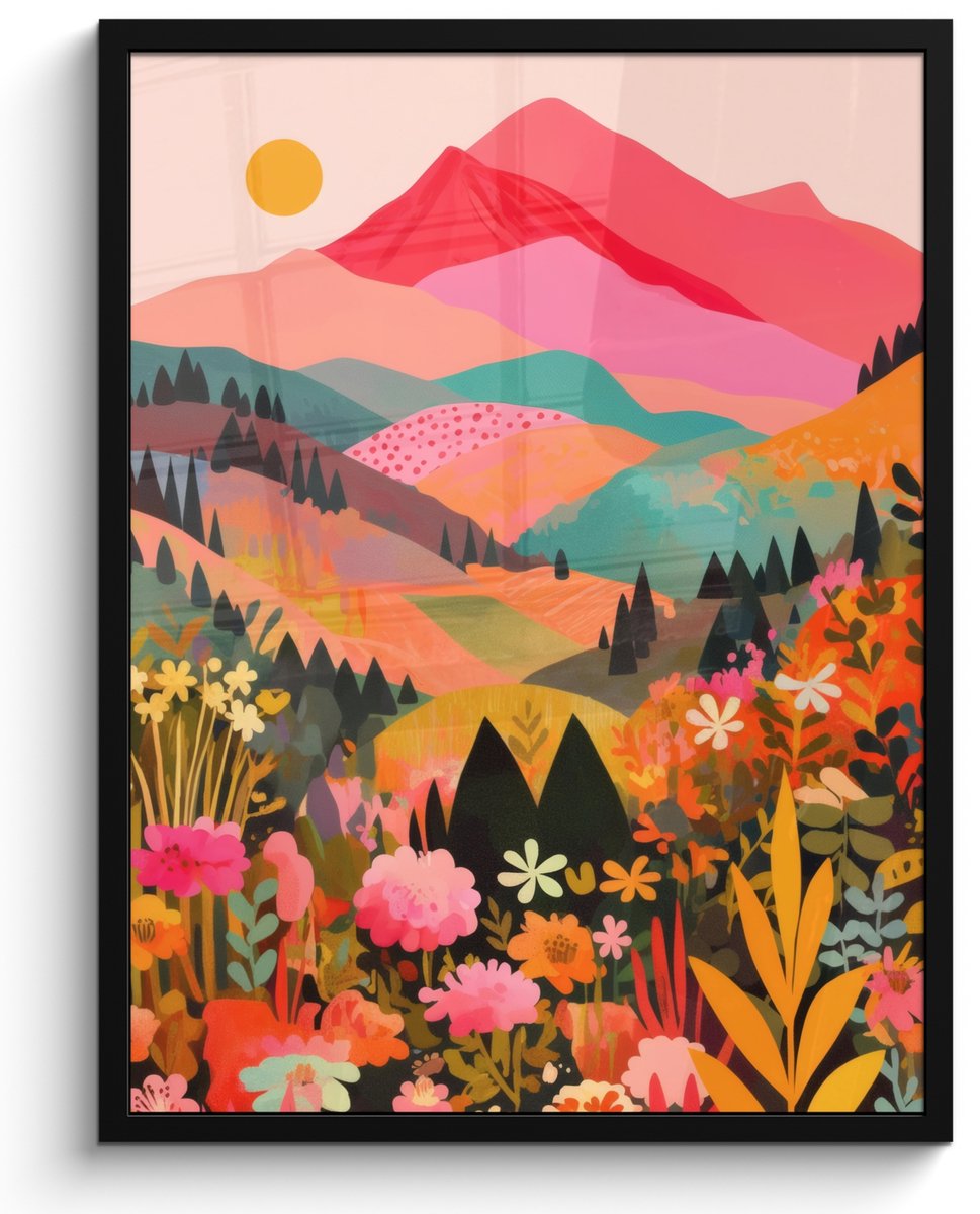 FrameYourWall Poster in lijst - Fotolijst 50x70 cm - Posters - Zonsondergang - Bergvallei - Contrast - Posterlijst zwart - Decoratie - Wanddecoratie woonkamer - Muurdecoratie slaapkamer Bergen - Bloemen - Zonsondergang