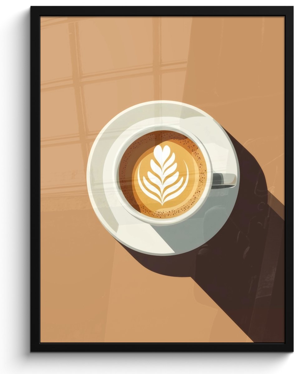 FrameYourWall Poster in lijst - Fotolijst 50x70 cm - Posters - Cappuccino - Kop - Schotel - Minimalitisch - Posterlijst zwart - Decoratie - Wanddecoratie woonkamer - Muurdecoratie slaapkamer Cappuccino - Kopje