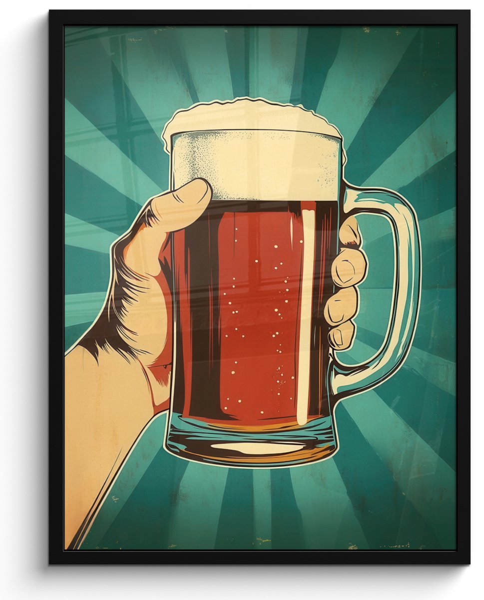 FrameYourWall Poster in lijst - Fotolijst 50x70 cm - Posters - Bierglas - Schuim - Retro - Groen - Posterlijst zwart - Decoratie - Wanddecoratie woonkamer - Muurdecoratie slaapkamer