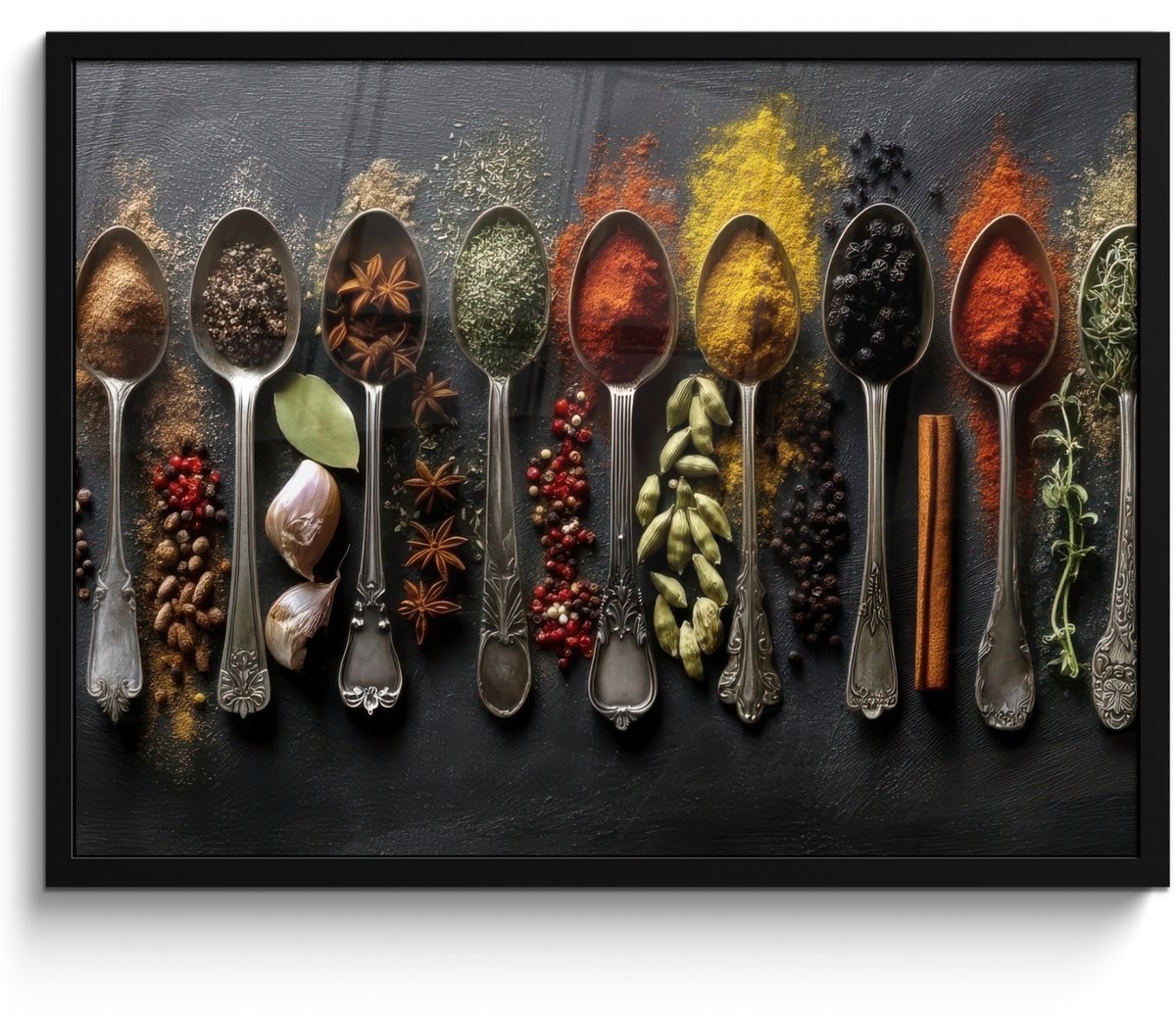 FrameYourWall Poster in lijst - Fotolijst 70x50 cm - Posters - Lepels - Specerijen - Kaneel - Chili - Posterlijst zwart - Decoratie - Wanddecoratie woonkamer - Muurdecoratie slaapkamer Lepels - Kaneel - Specerijen
