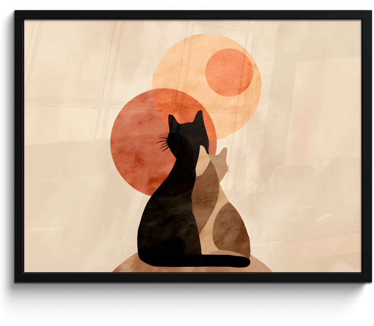 FrameYourWall Poster in lijst - Fotolijst 70x50 cm - Posters - Katten - Zwart - Abstract - Cirkels - Posterlijst zwart - Decoratie - Wanddecoratie woonkamer - Muurdecoratie slaapkamer Katten - Abstract