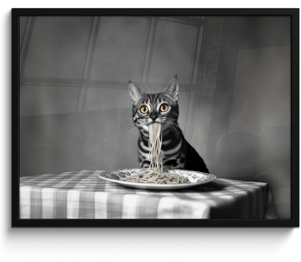 FrameYourWall Poster in lijst - Fotolijst 70x50 cm - Posters - Bengaal - Kat - Tafelkleed - Zwart - Wit - Dier - Posterlijst zwart - Decoratie - Wanddecoratie woonkamer - Muurdecoratie slaapkamer
